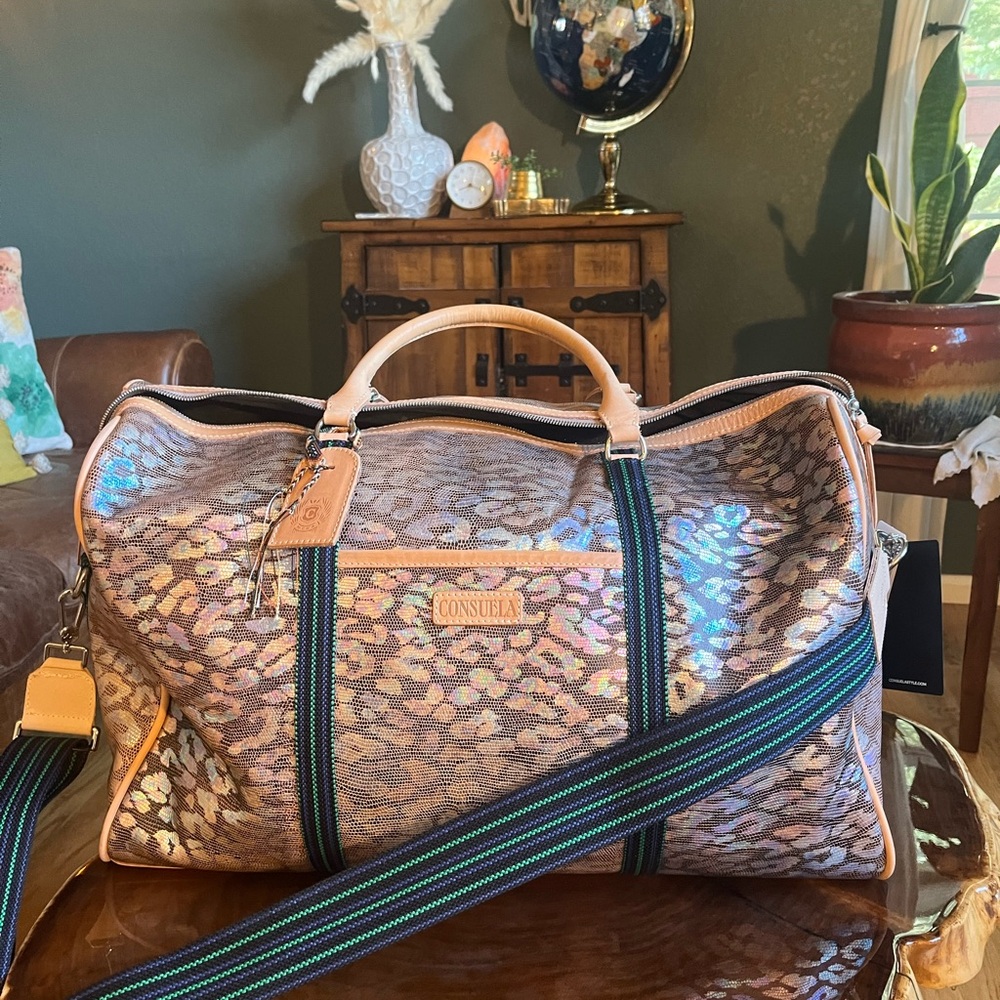 New Leather Consuela Iris Leopard Print Weekender Bag with Accents